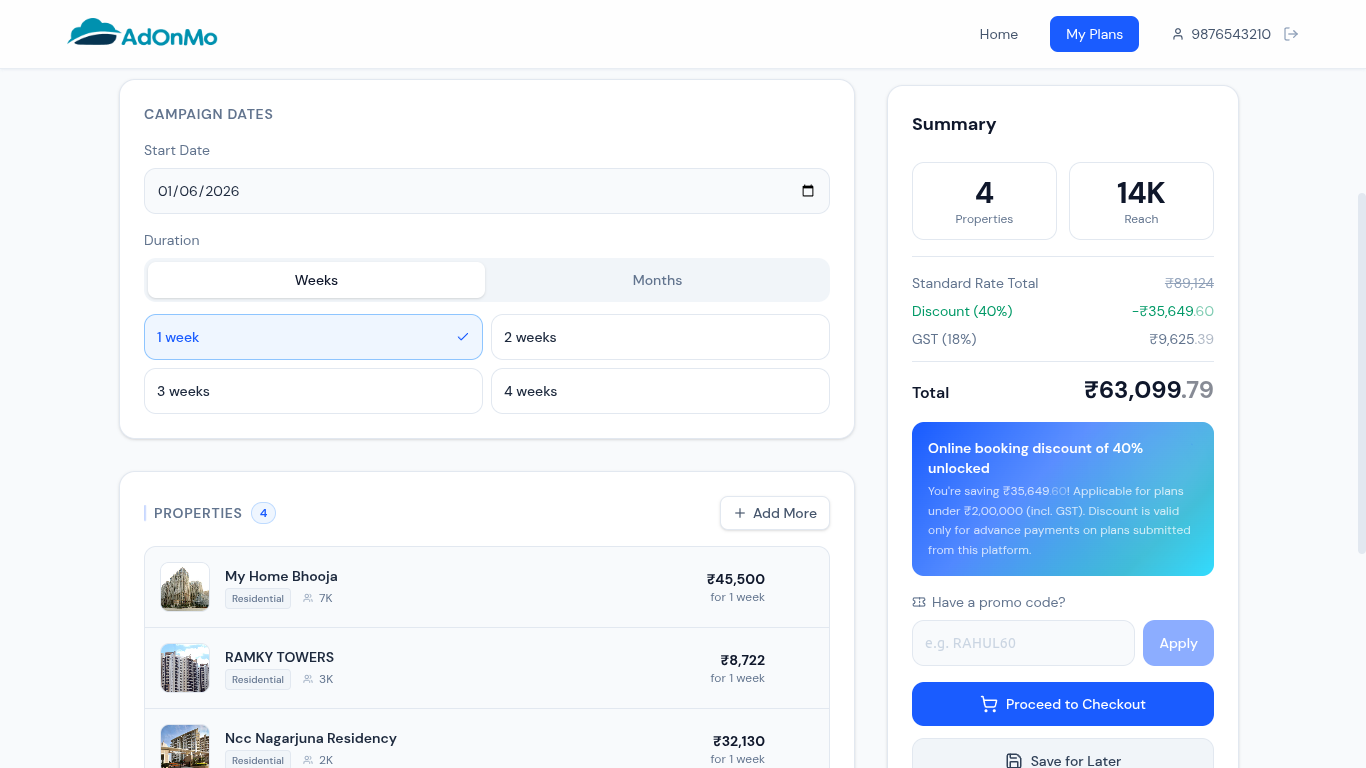 Adonmo Self-Serve booking dashboard at book.adonmo.com — campaign dates, property selection, and pricing summary